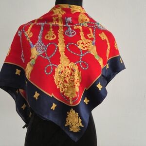 Frangi Italian Silk Scarf , Red Navy Gold Key Tassel Print Shawl